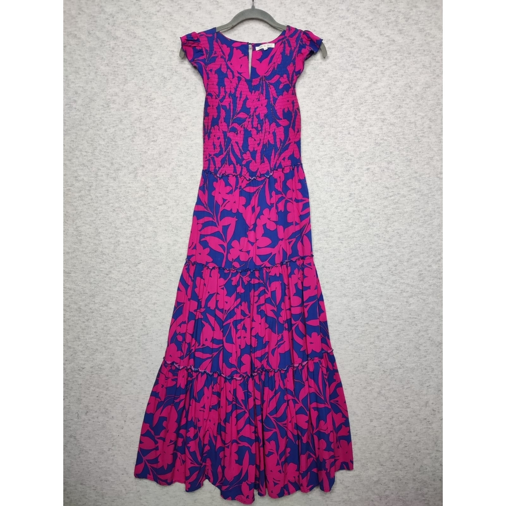 Vibrant Pink and Blue Floral Tiered Maxi Dress Sz S Bohemian